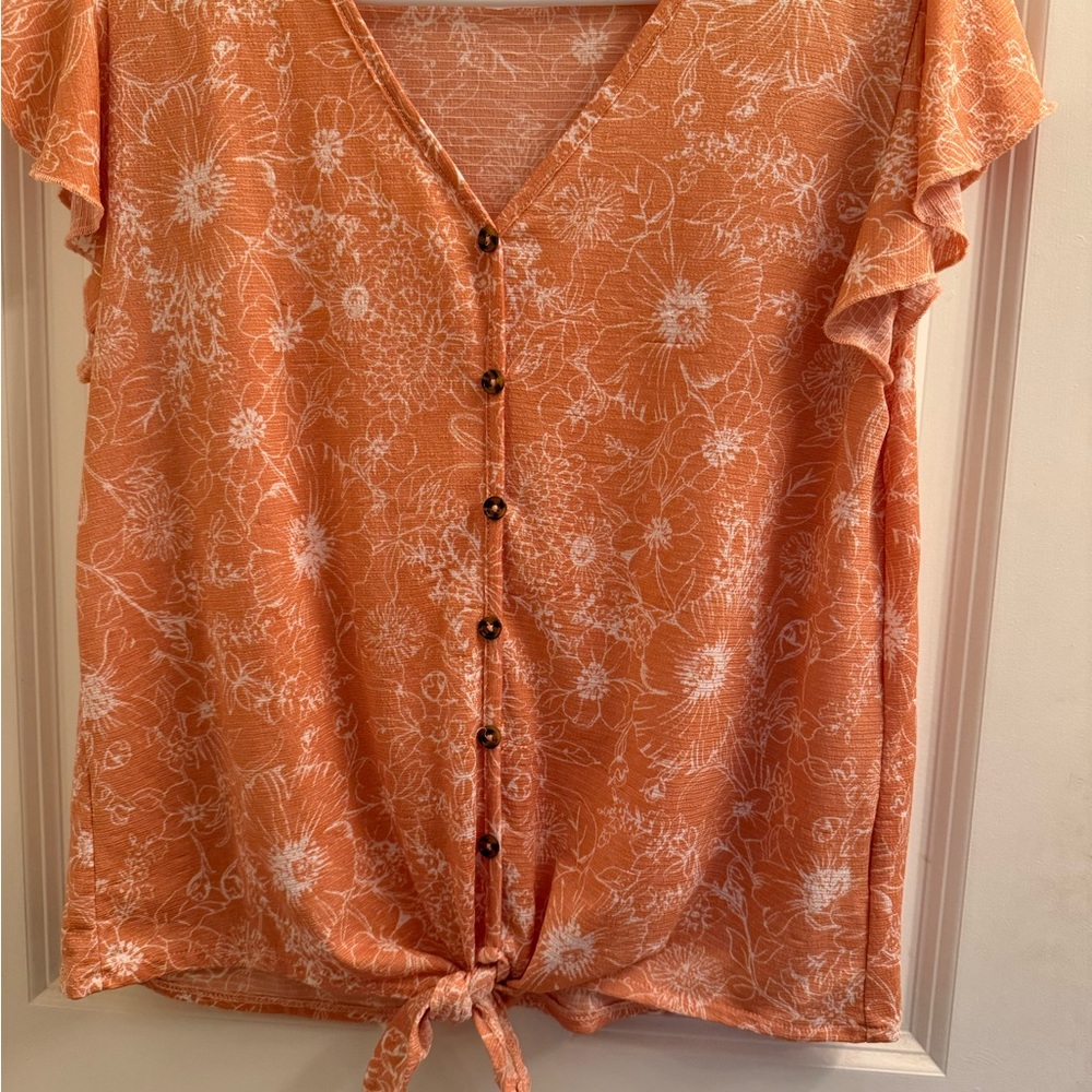 Elegant Floral Tie-Front Blouse - Orange